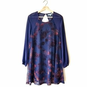 She and Sky Silk Velvet Floral Brocade LS Dress